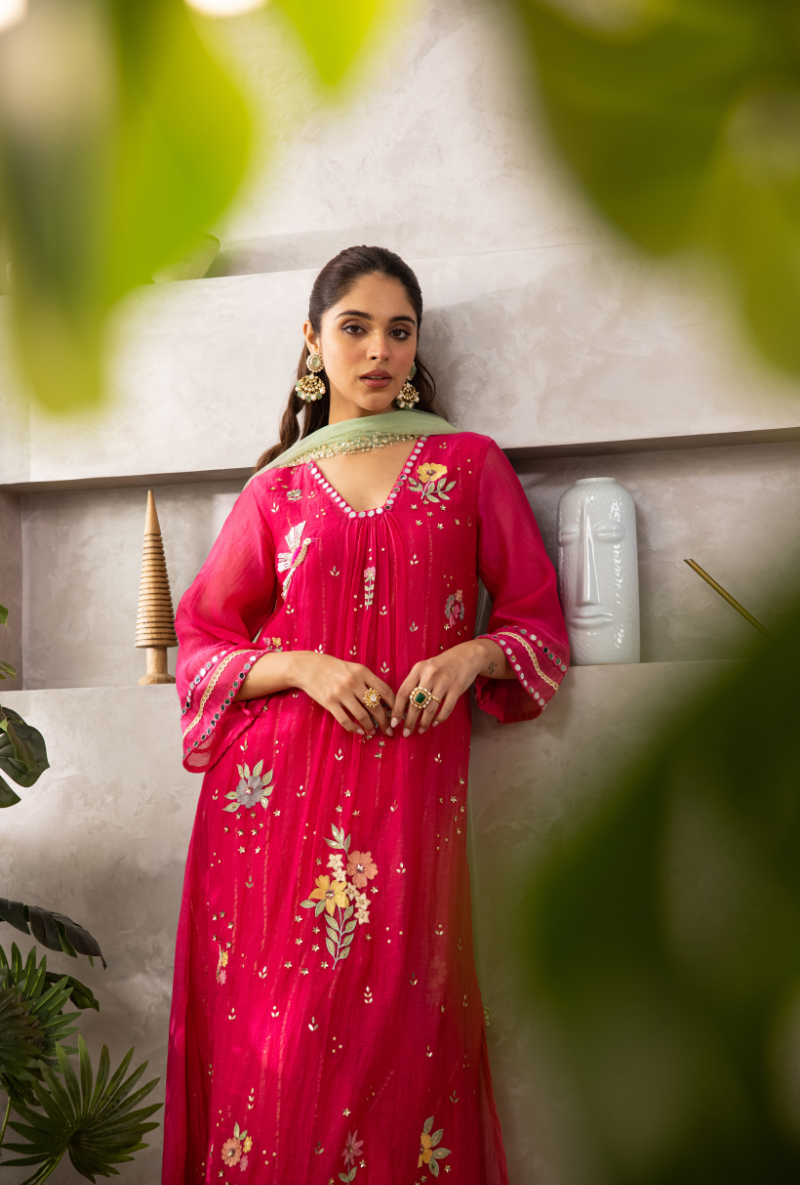 Pink Glass Neckline A-Line Laado Kurta Set