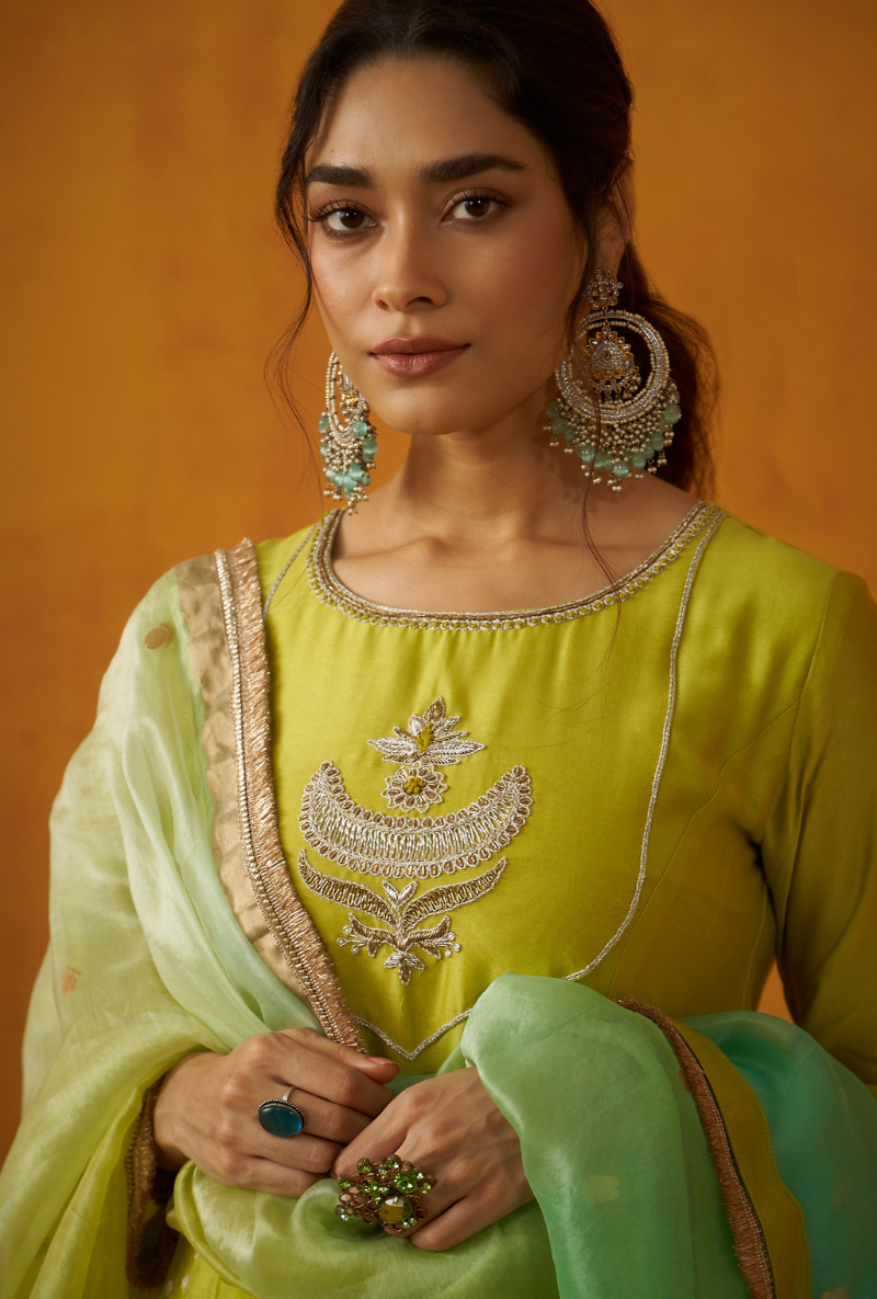 Green Kalidaar Embroidery Benarasi Kainaat Anaraklai Set