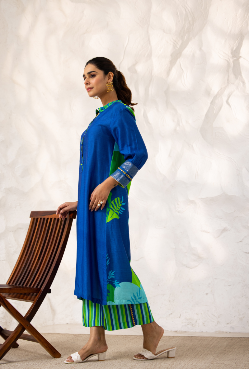 Blue Printed Back Long Ivy Kurta Set