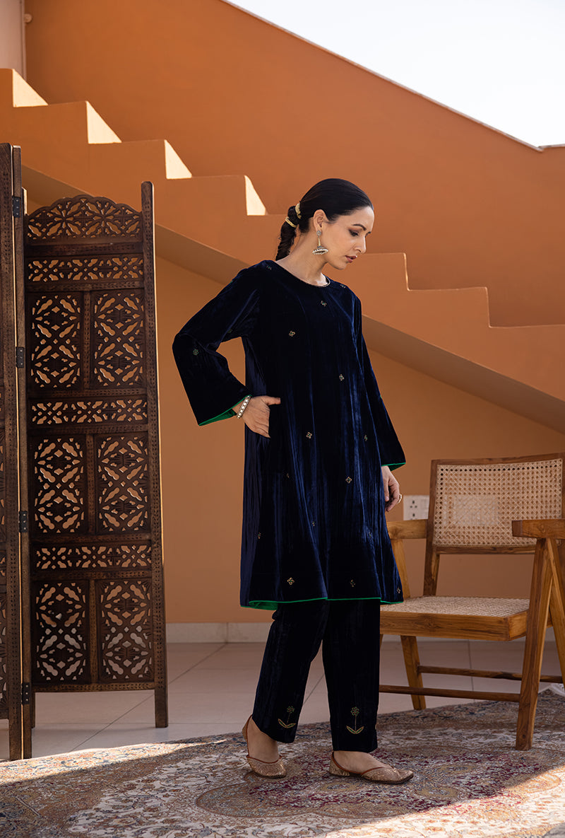 Blue Hand Embroidered Crushed Velvet Ghazal Co-ord Set