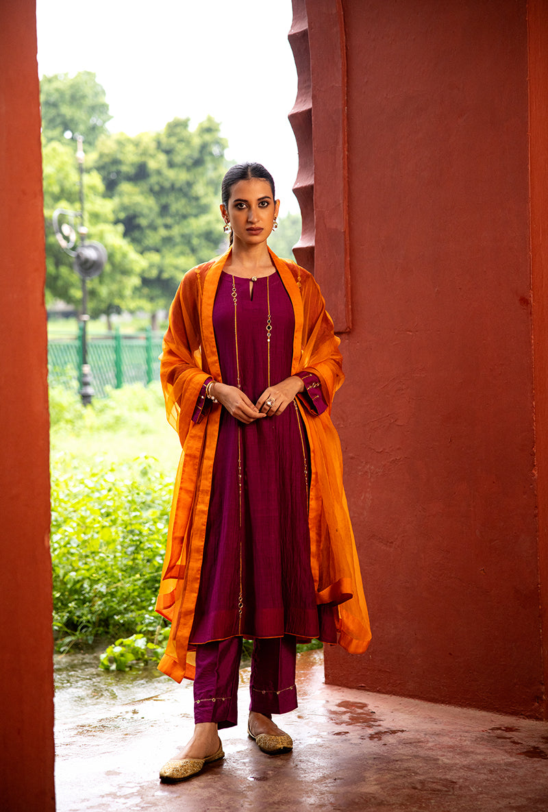 Burgundy Stripe Mirror Work Dor Kurta Set