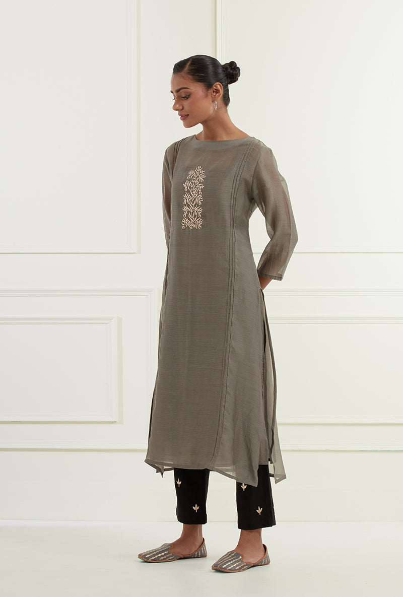 Dark Grey Embroidered Pintuck Sehar Kurta Set