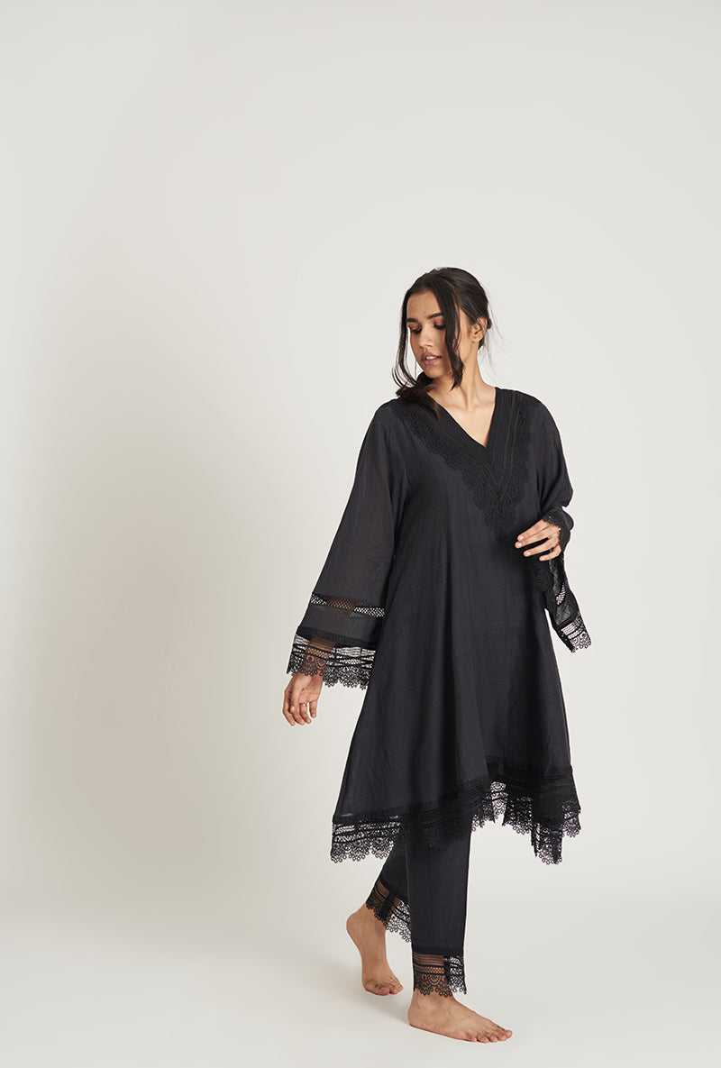 Midnight Black Pakistani-Inspired Flared Mehreen Pakizah Kurta Set