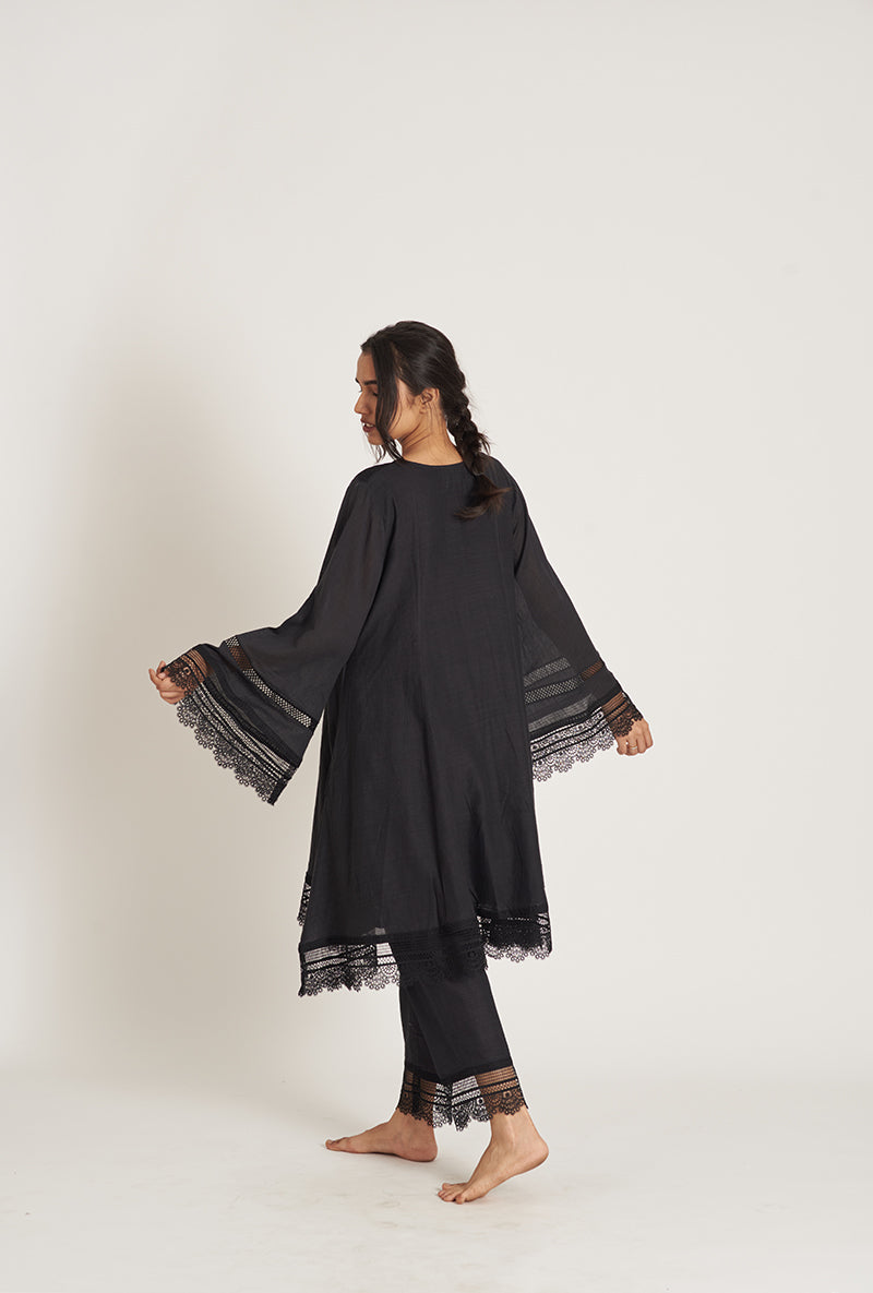 Midnight Black Pakistani-Inspired Flared Mehreen Pakizah Kurta Set