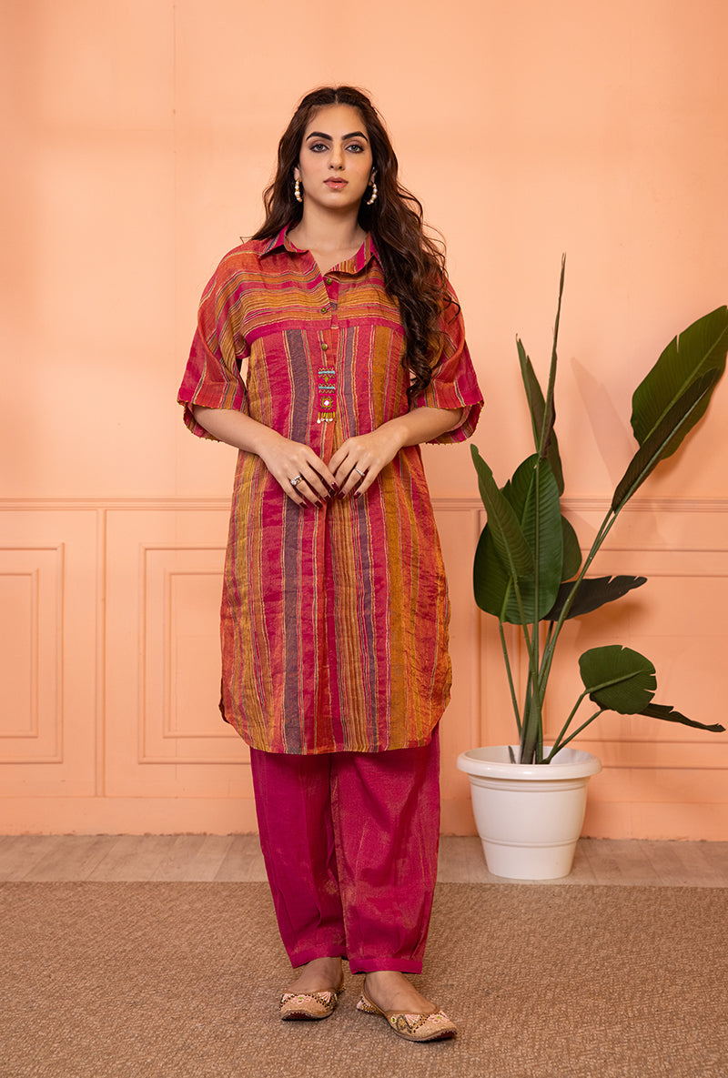 Pink Anti Fit Stripe Sia Kurta Set