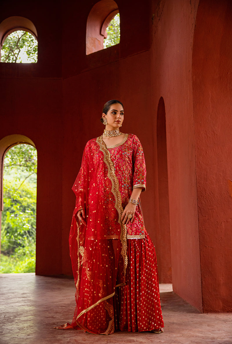 Red Mughal Print Hoor 3.0 Gharara Set