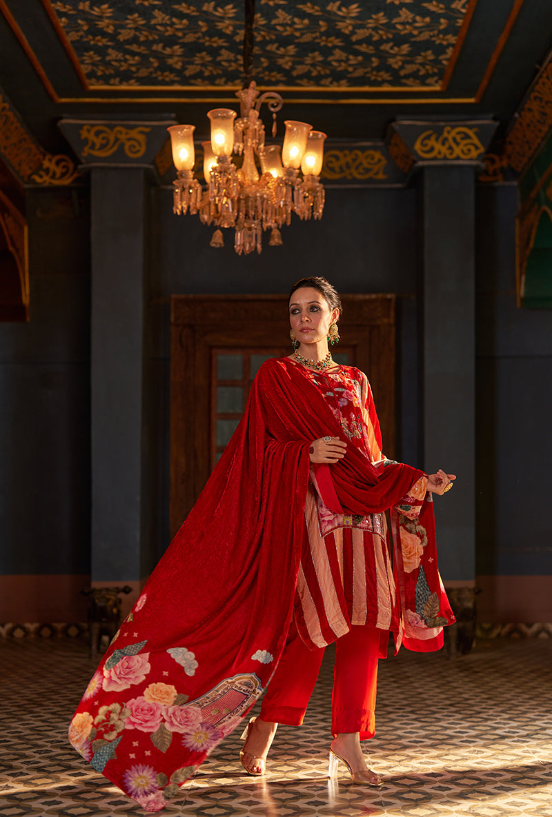 Red Printed Murad Phiran Kurta Set