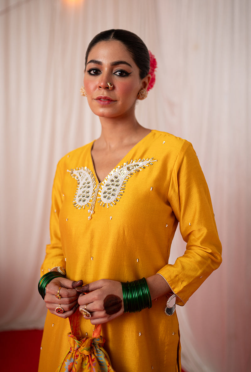 Yellow Embroidered Kikli Short Kurta Set