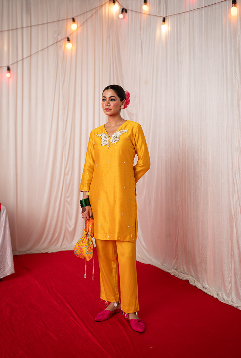 Yellow Embroidered Kikli Short Kurta Set