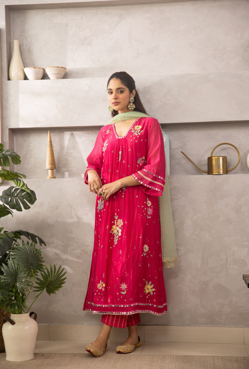 Pink Glass Neckline A-Line Laado Kurta Set