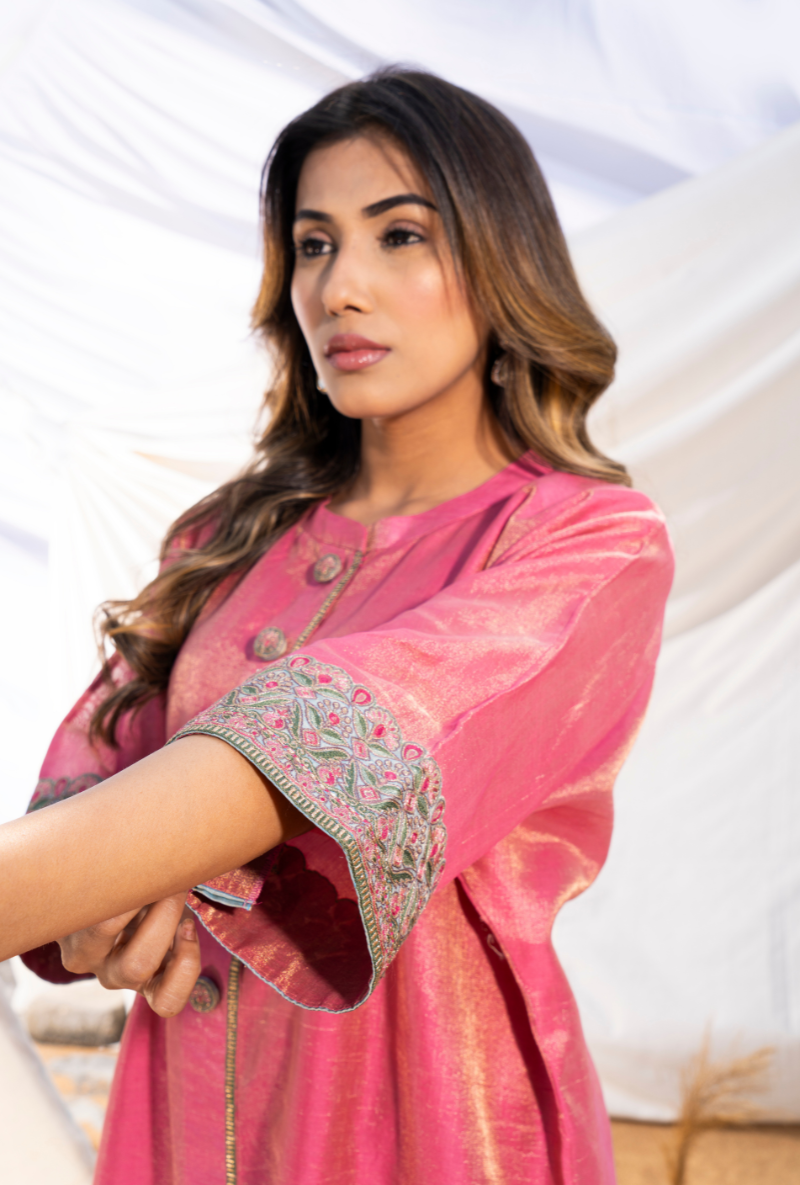 Pink Handloom Cotton Zari Tissue Embroidered Kiara Kurta Set