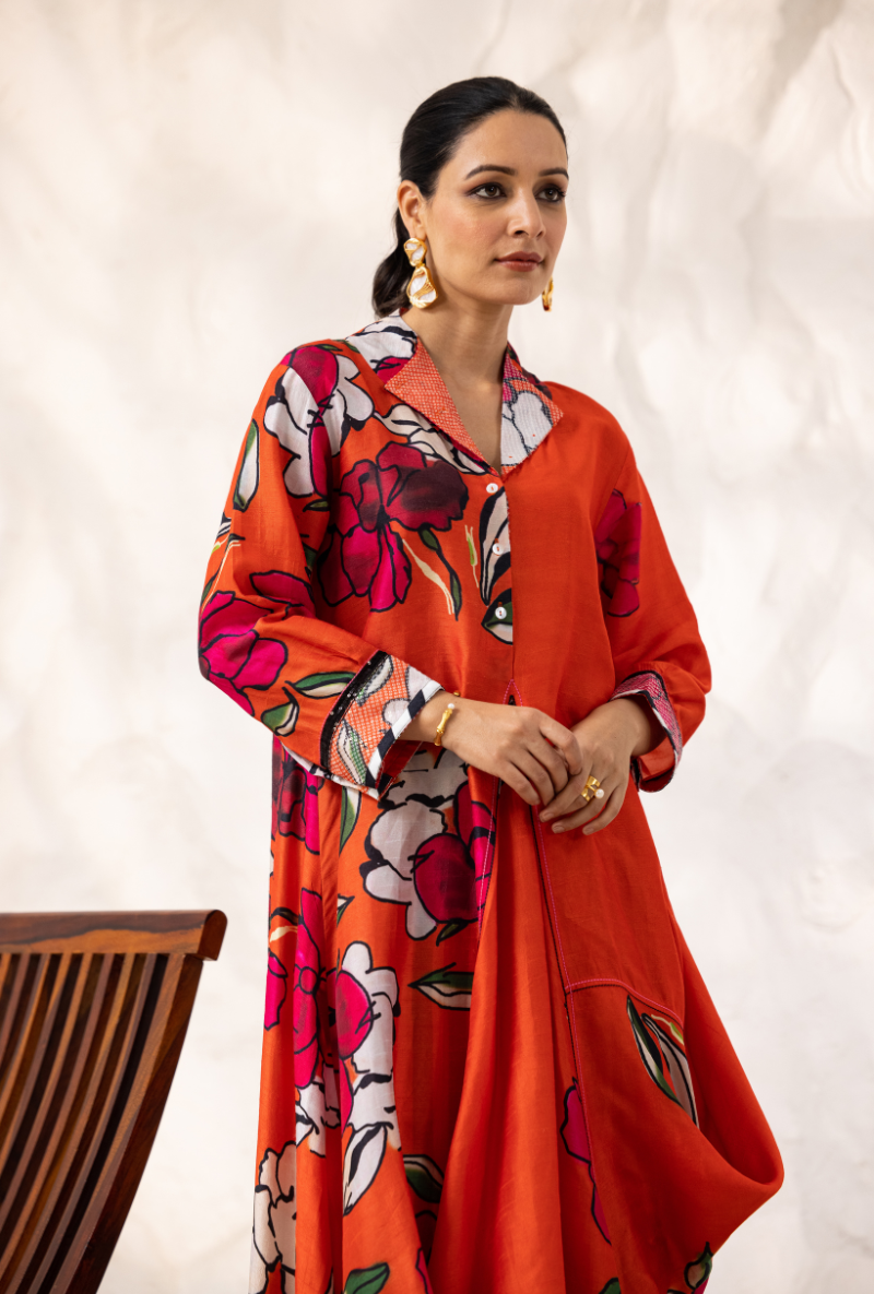 Red Printed Cowl Ivy Kurta Set