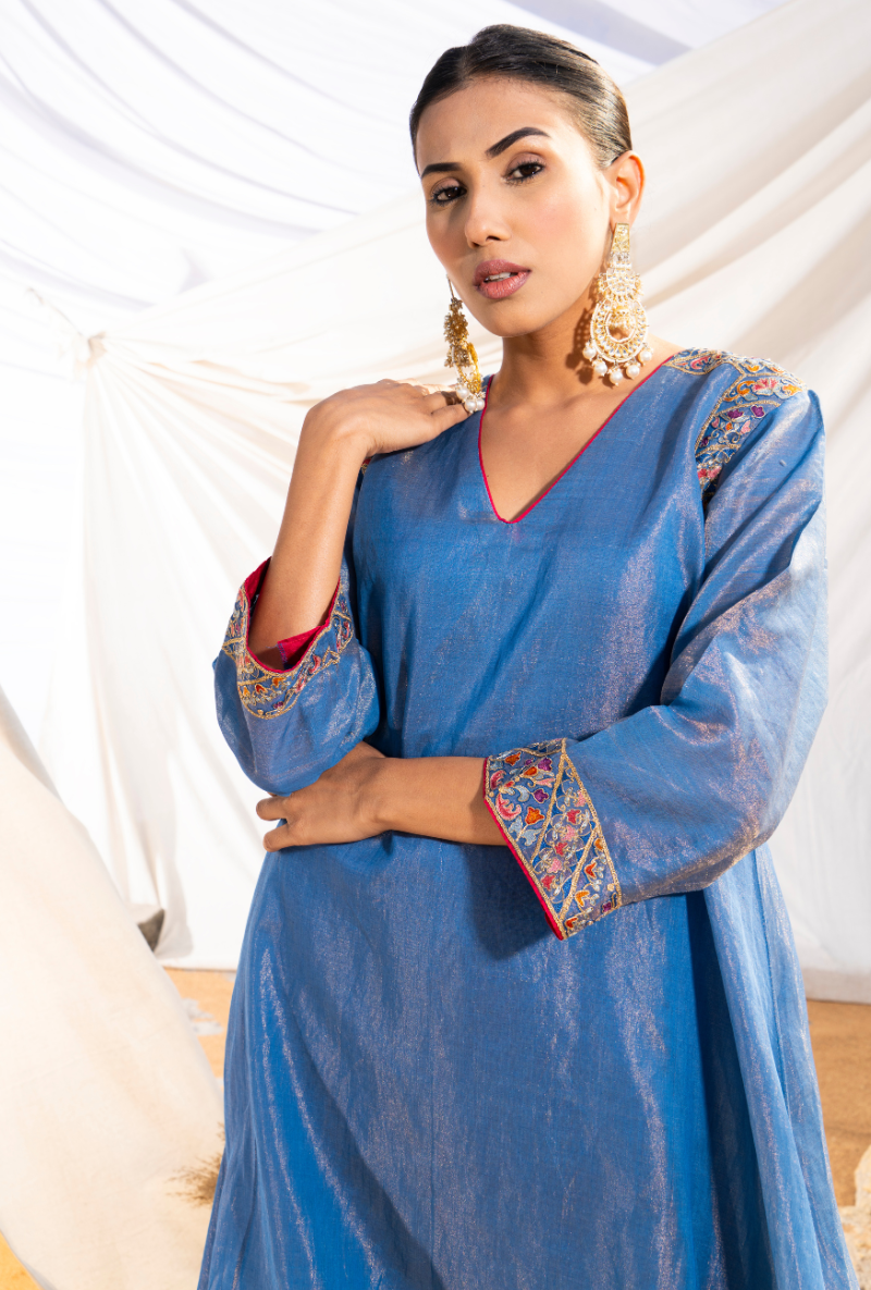 Blue Handloom Cotton Zari Tissue Embroidered Kiara Kurta Set