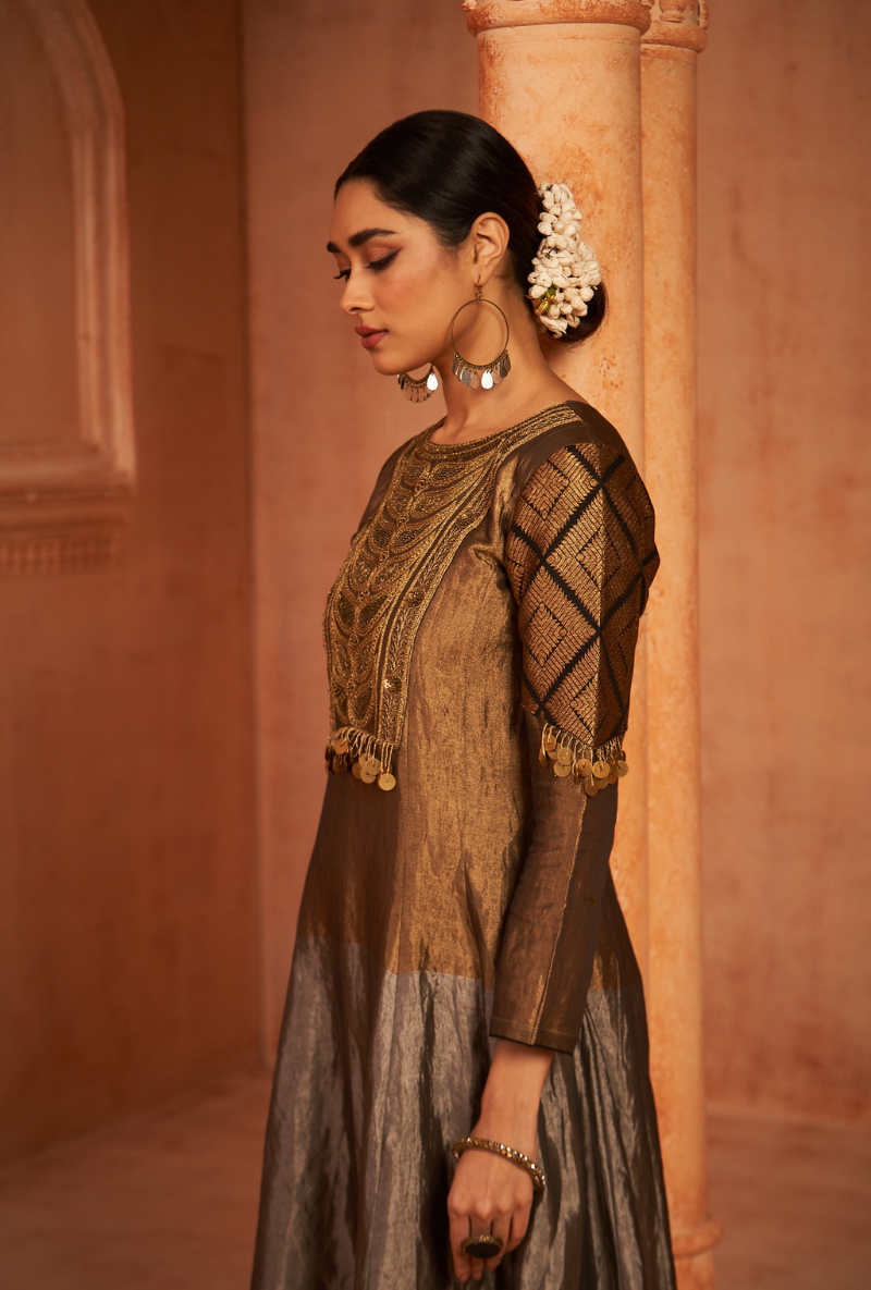 Brown Tissue Metallic Kainaat Anarkali Set