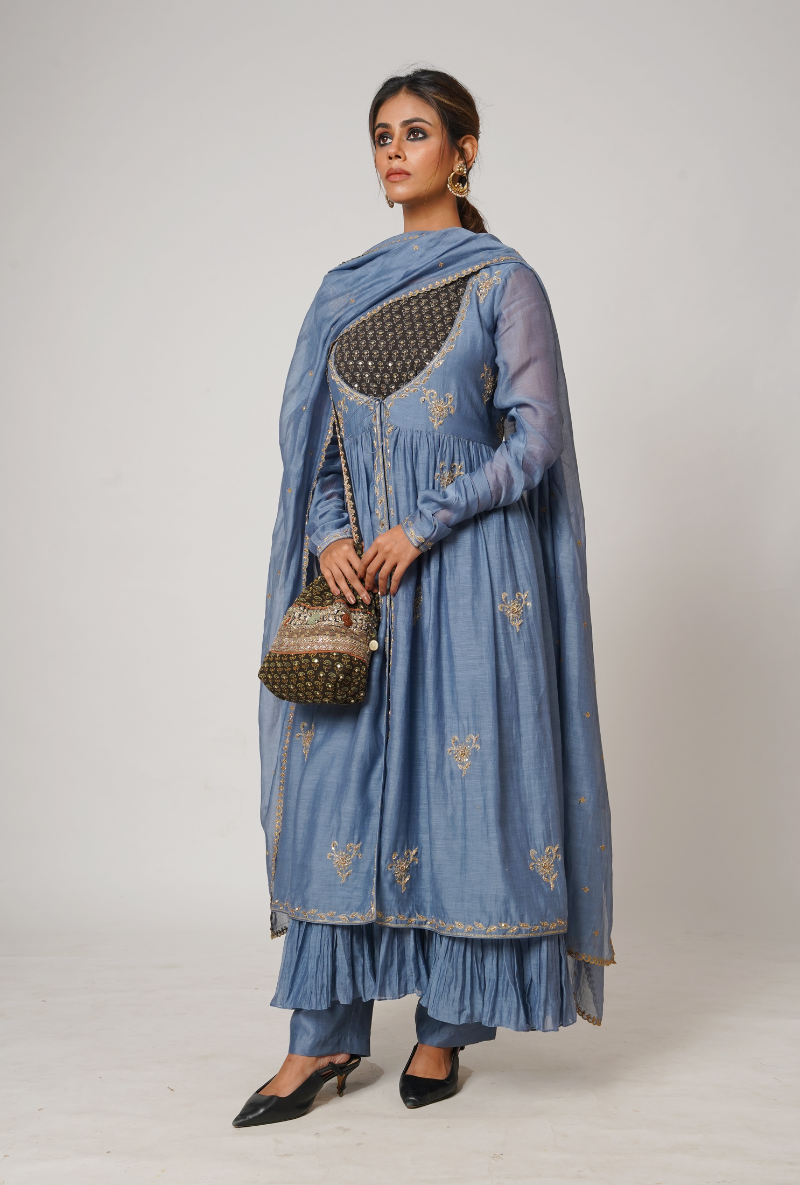 Vintage Indigo Ruching Chhaya Kurta Set