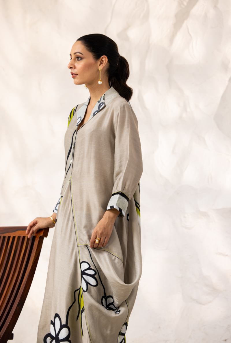 Beige Printed Cowl Ivy Kurta Set