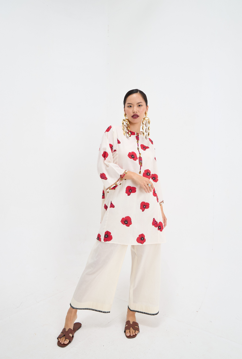 White Hand Embroidered Poppy Love Letters Kurta Set