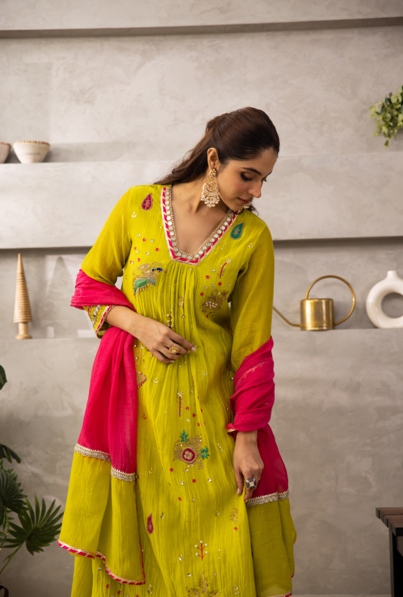 Lime Green Glass Neckline A-Line Laado Kurta Set