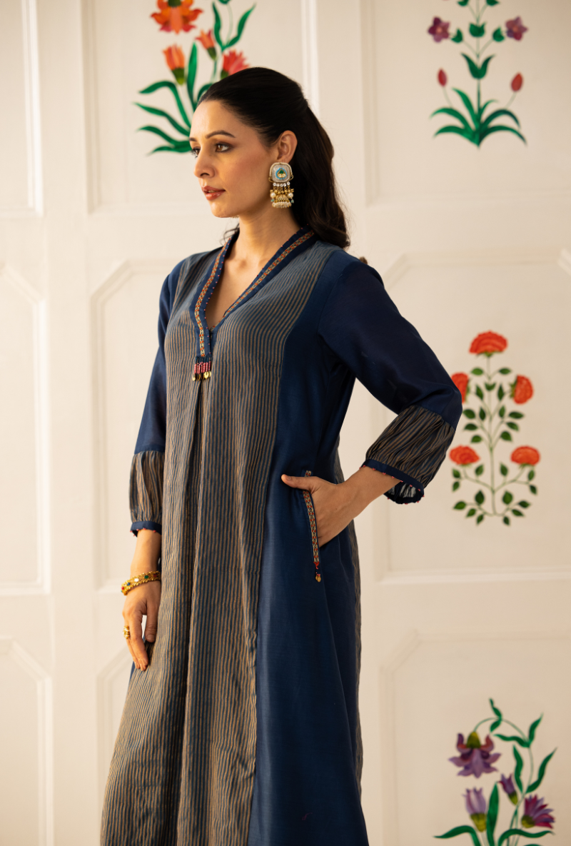 Blue High Collar Kishmish Kurta Set