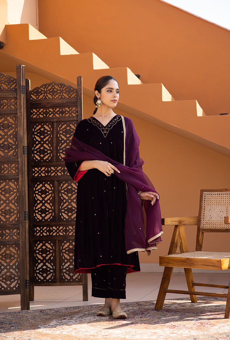 Burgundy Side Gathered Hand Embroidered Velvet Ghazal Kurta Set