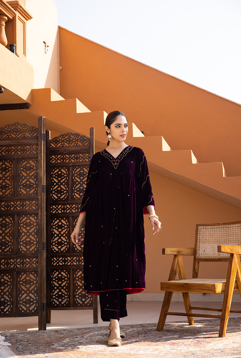 Burgundy Side Gathered Hand Embroidered Velvet Ghazal Kurta Set