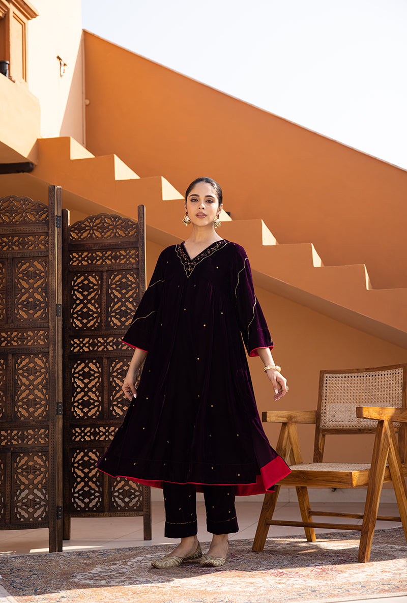 Burgundy Side Gathered Hand Embroidered Velvet Ghazal Kurta Set