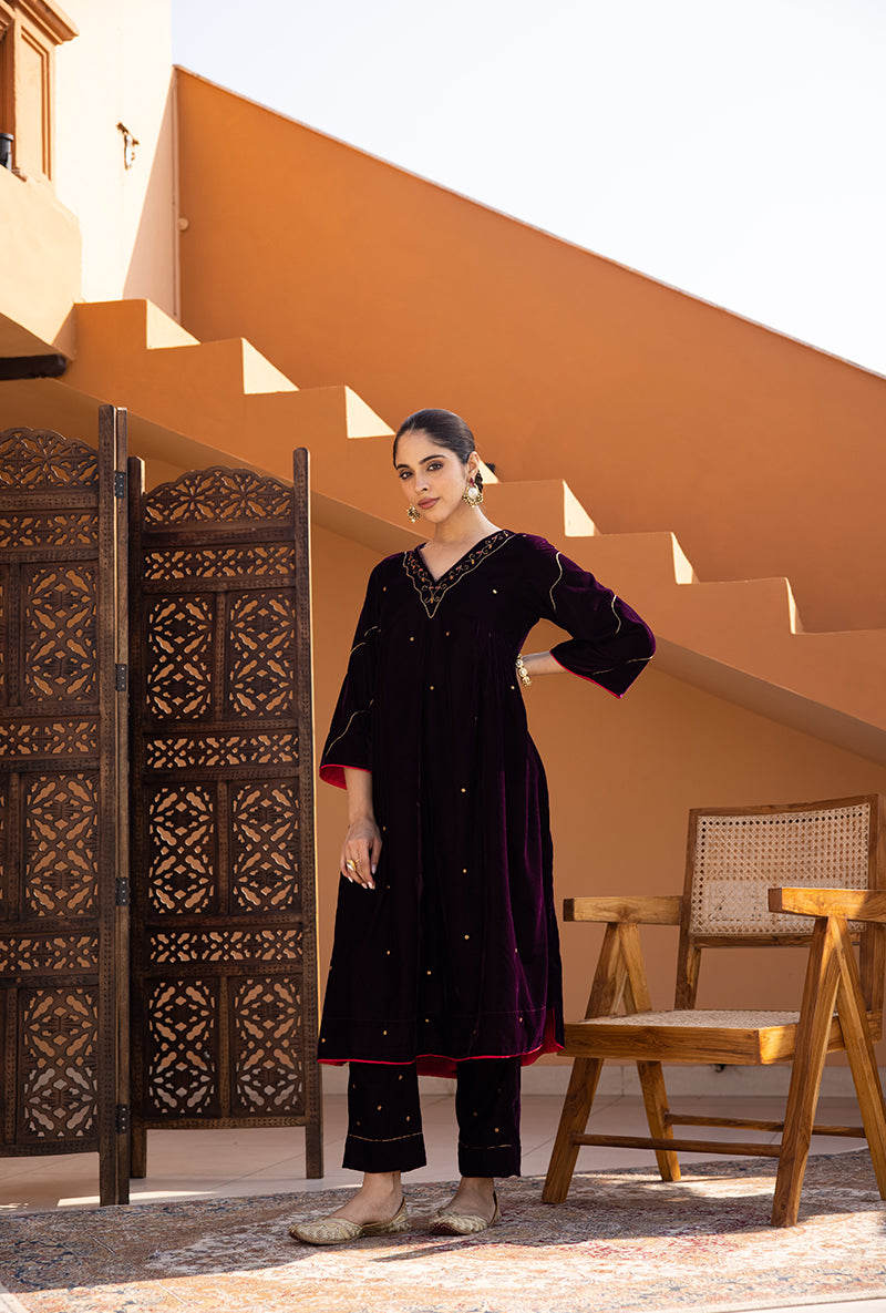 Burgundy Side Gathered Hand Embroidered Velvet Ghazal Kurta Set