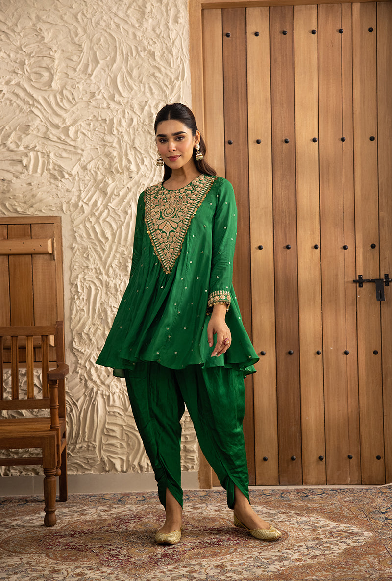 Green Short Heavy Resham Yoke Masakali Dhoti Masakali Kurta Set