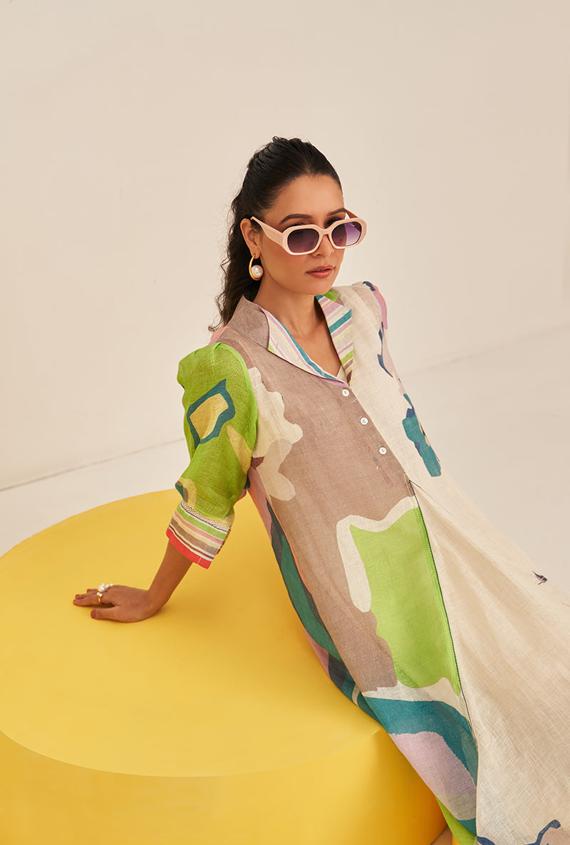 Lime Green Abstract Print Cowl Bella Kurta Set