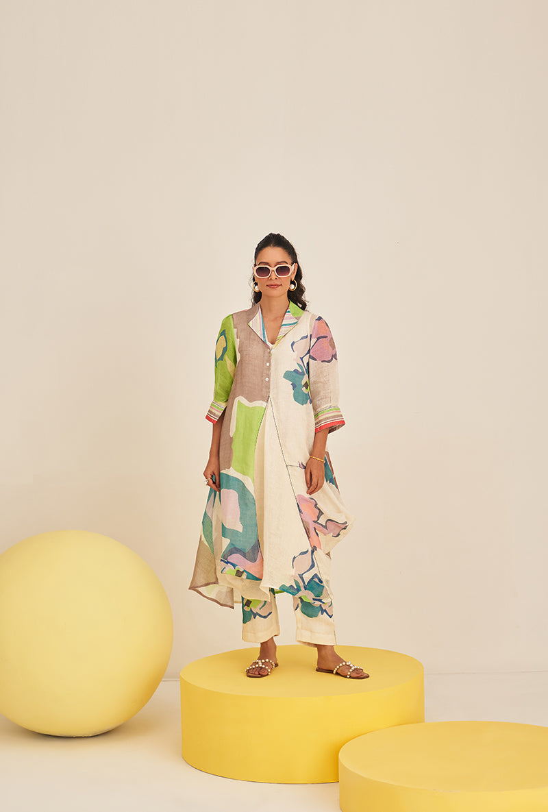 Lime Green Abstract Print Cowl Bella Kurta Set