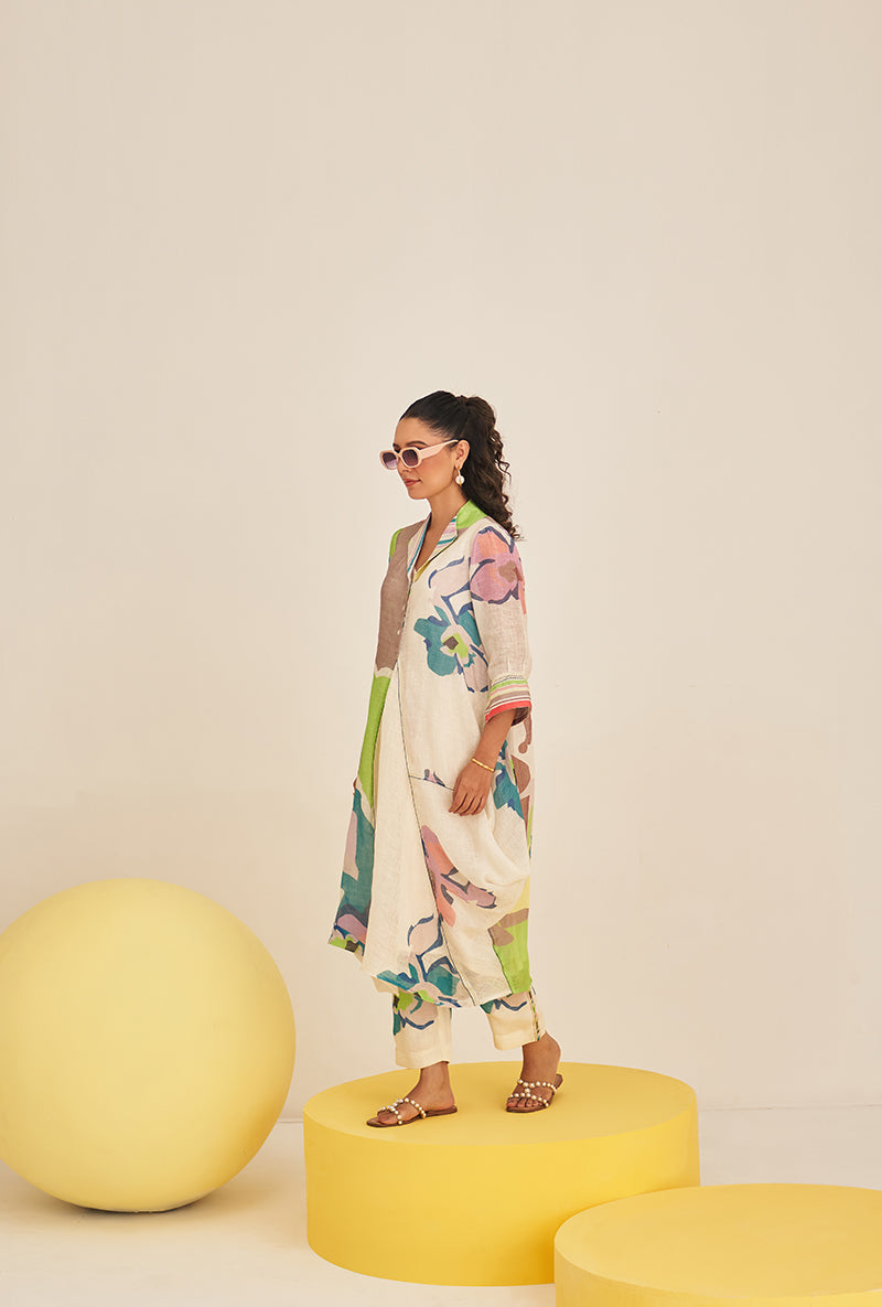 Lime Green Abstract Print Cowl Bella Kurta Set