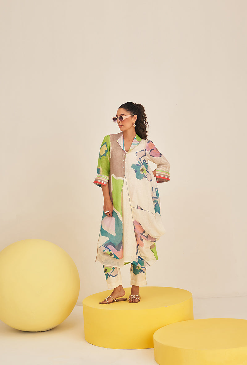 Lime Green Abstract Print Cowl Bella Kurta Set