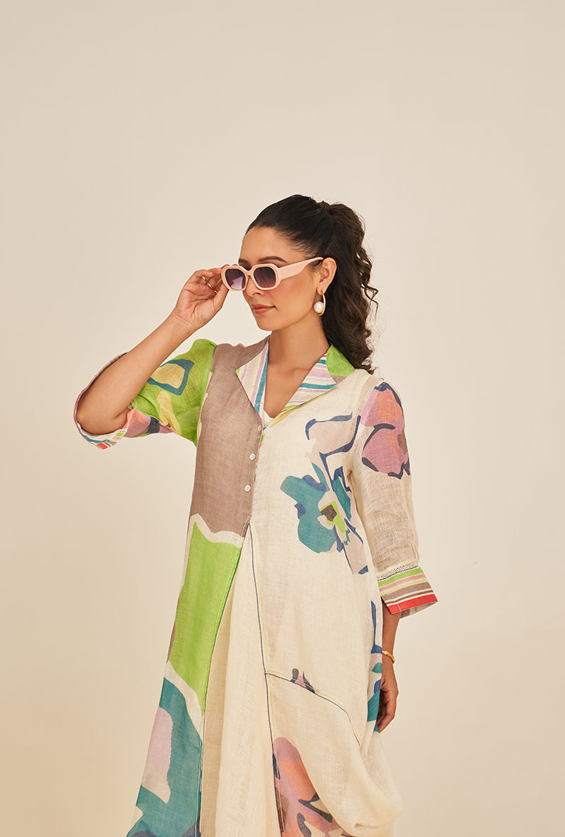 Lime Green Abstract Print Cowl Bella Kurta Set