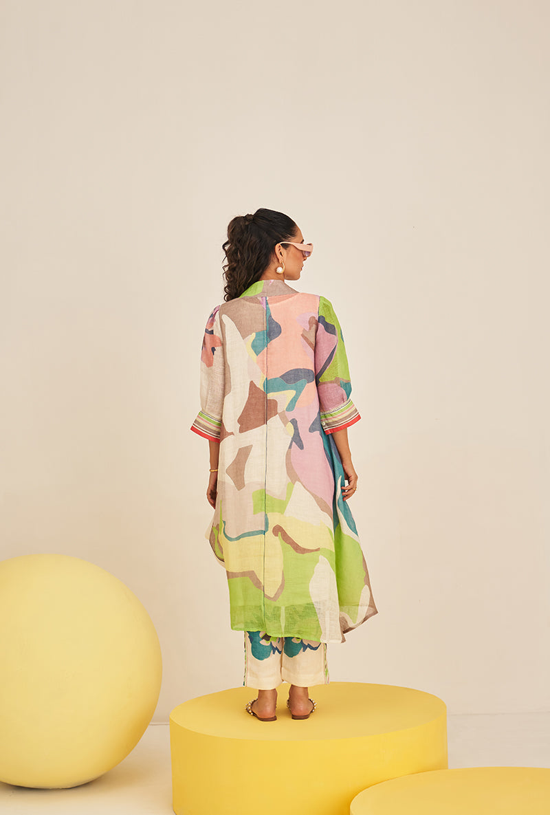 Lime Green Abstract Print Cowl Bella Kurta Set