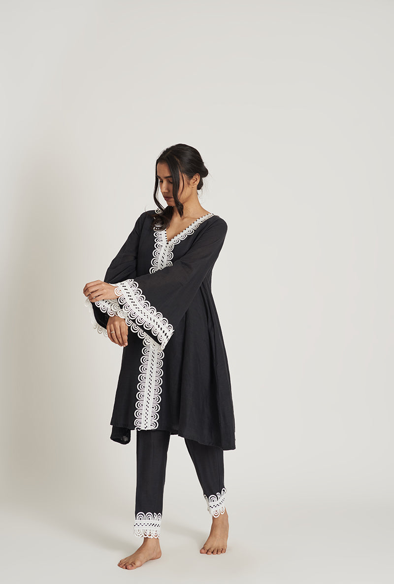 Midnight Black Pakistani-Inspired Flared Iba Pakizah Kurta Set