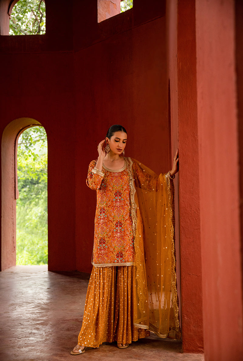 Orange Mughal Print Hoor 3.0 Gharara Set