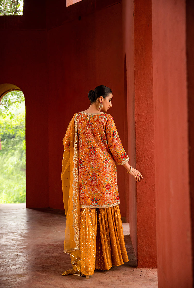 Orange Mughal Print Hoor 3.0 Gharara Set