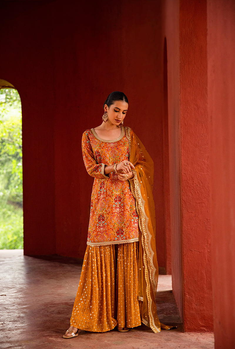 Orange Mughal Print Hoor 3.0 Gharara Set