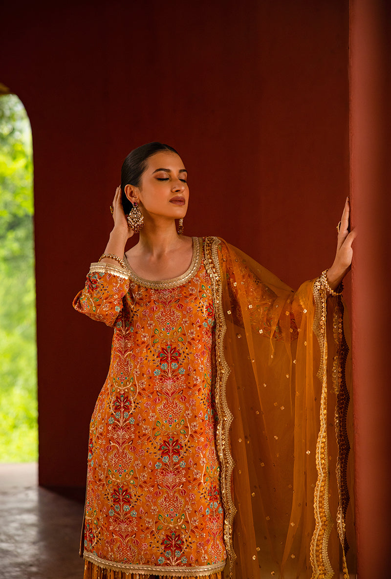 Orange Mughal Print Hoor 3.0 Gharara Set