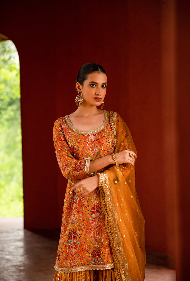 Orange Mughal Print Hoor 3.0 Gharara Set