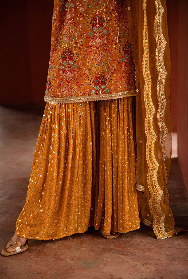 Orange Mughal Print Hoor 3.0 Gharara Set