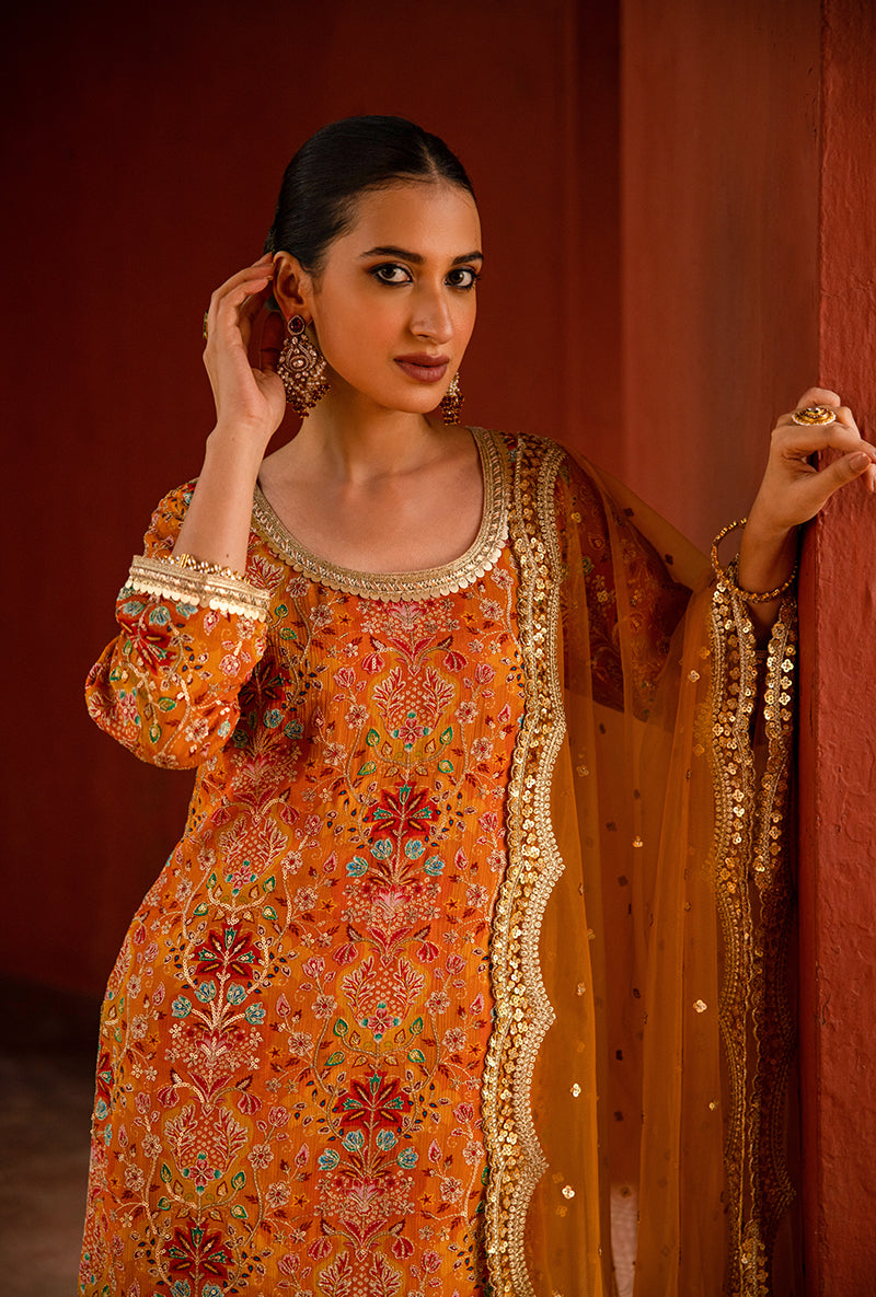 Orange Mughal Print Hoor 3.0 Gharara Set