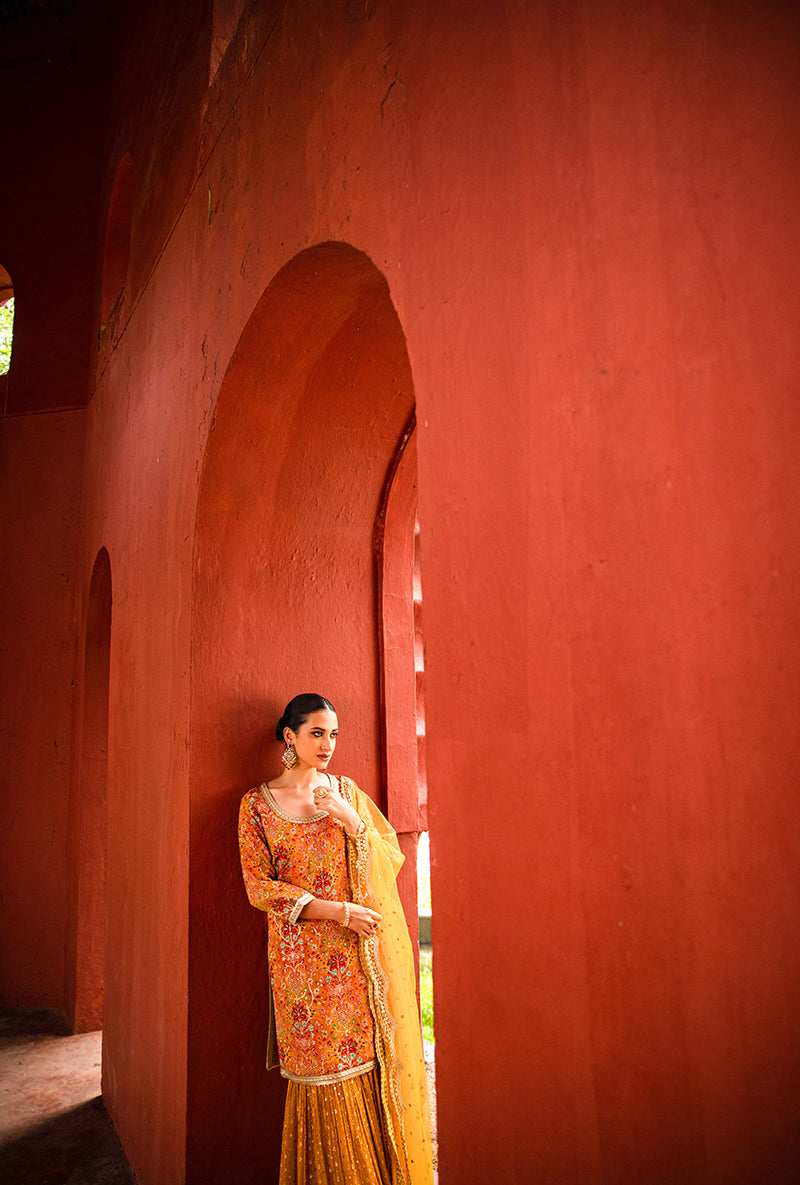 Orange Mughal Print Hoor 3.0 Gharara Set