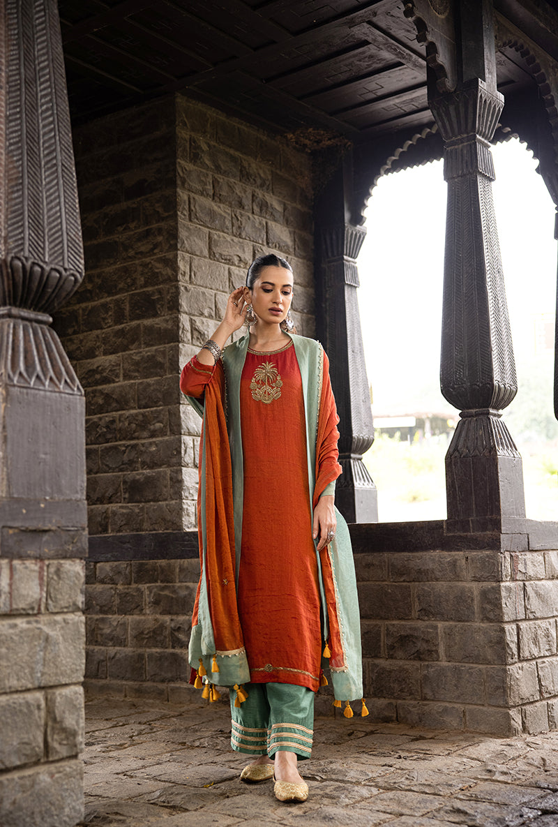 Rust Single Palm Motif Surmayi Kurta Set