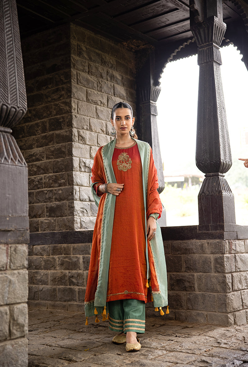 Rust Single Palm Motif Surmayi Kurta Set