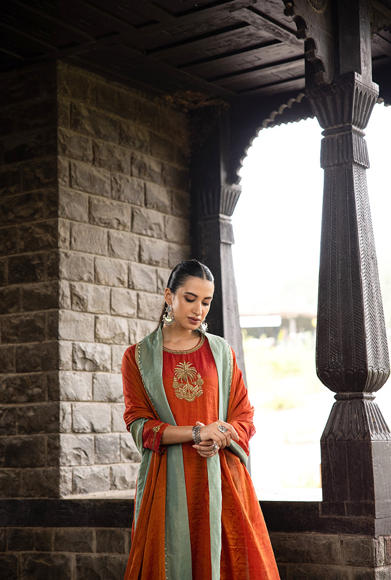 Rust Single Palm Motif Surmayi Kurta Set