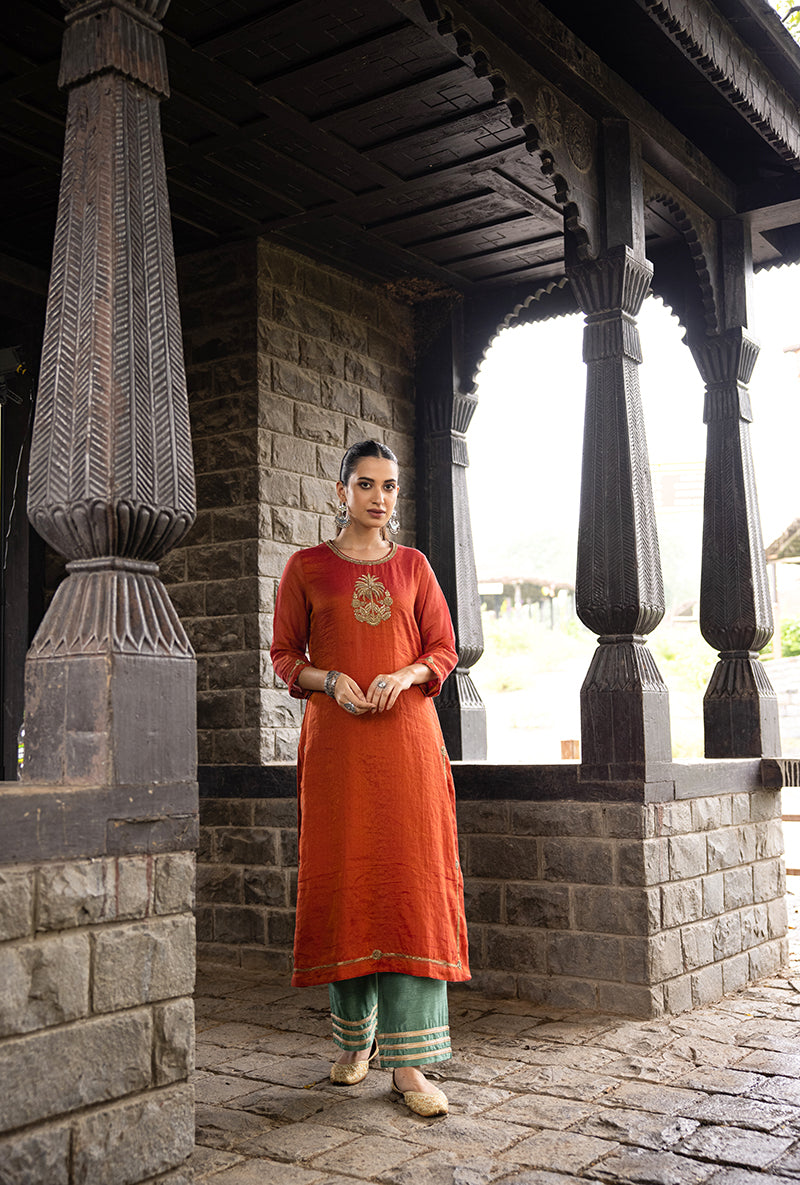 Rust Single Palm Motif Surmayi Kurta Set