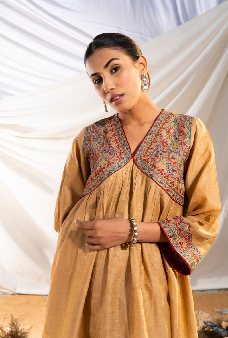 Beige Handloom Cotton Zari Tissue Embroidered Kiara Kurta Set