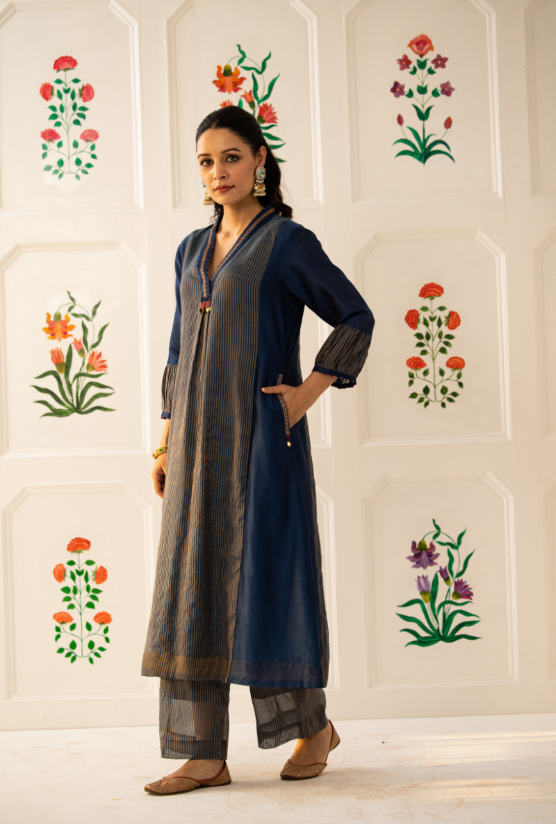 Blue High Collar Kishmish Kurta Set