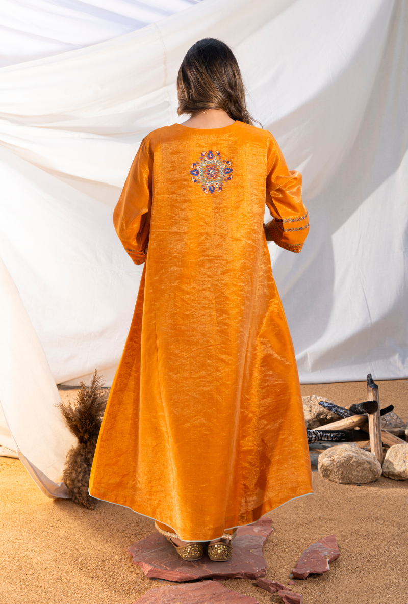 Mustard Handloom Cotton Zari Tissue Embroidered Kiara Kurta Set